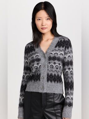 VINCE fuzzy mohair fair isle ikat cardigan m EUC